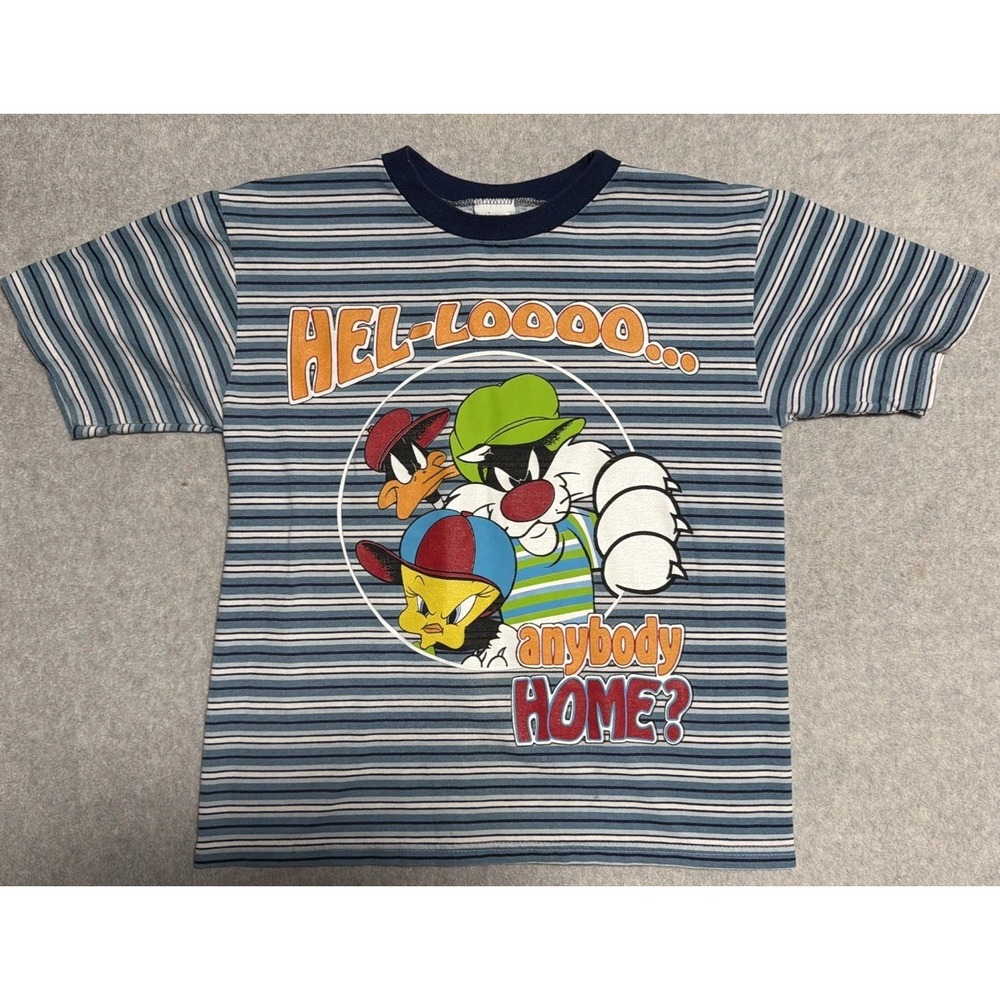 Vintage Looney Tunes Shirt Striped Tweety Sylvester Daffy L 14/16 USA Warner Bro